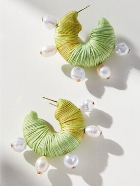 Anthropologie XL Raffia-Wrapped Hoop Earrings green